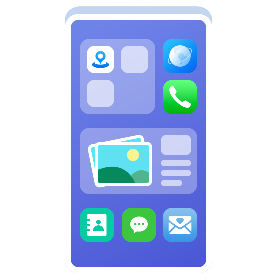 Illustration of a phone with app and photo tiles