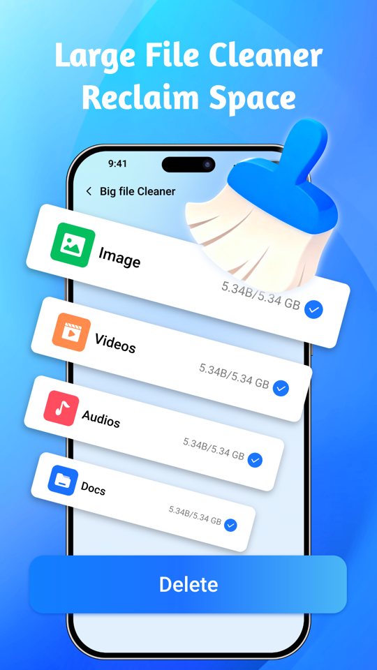Big File Cleaner grouping images, videos, audio and documents by size