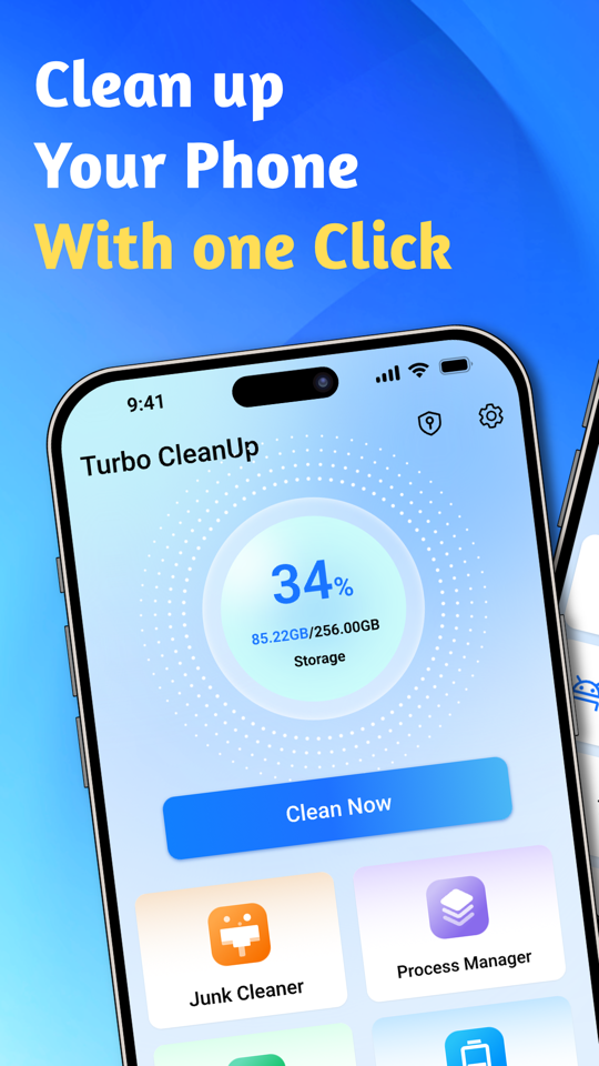 Turbo CleanUp store graphic: Clean up your phone with one click, over the home screen